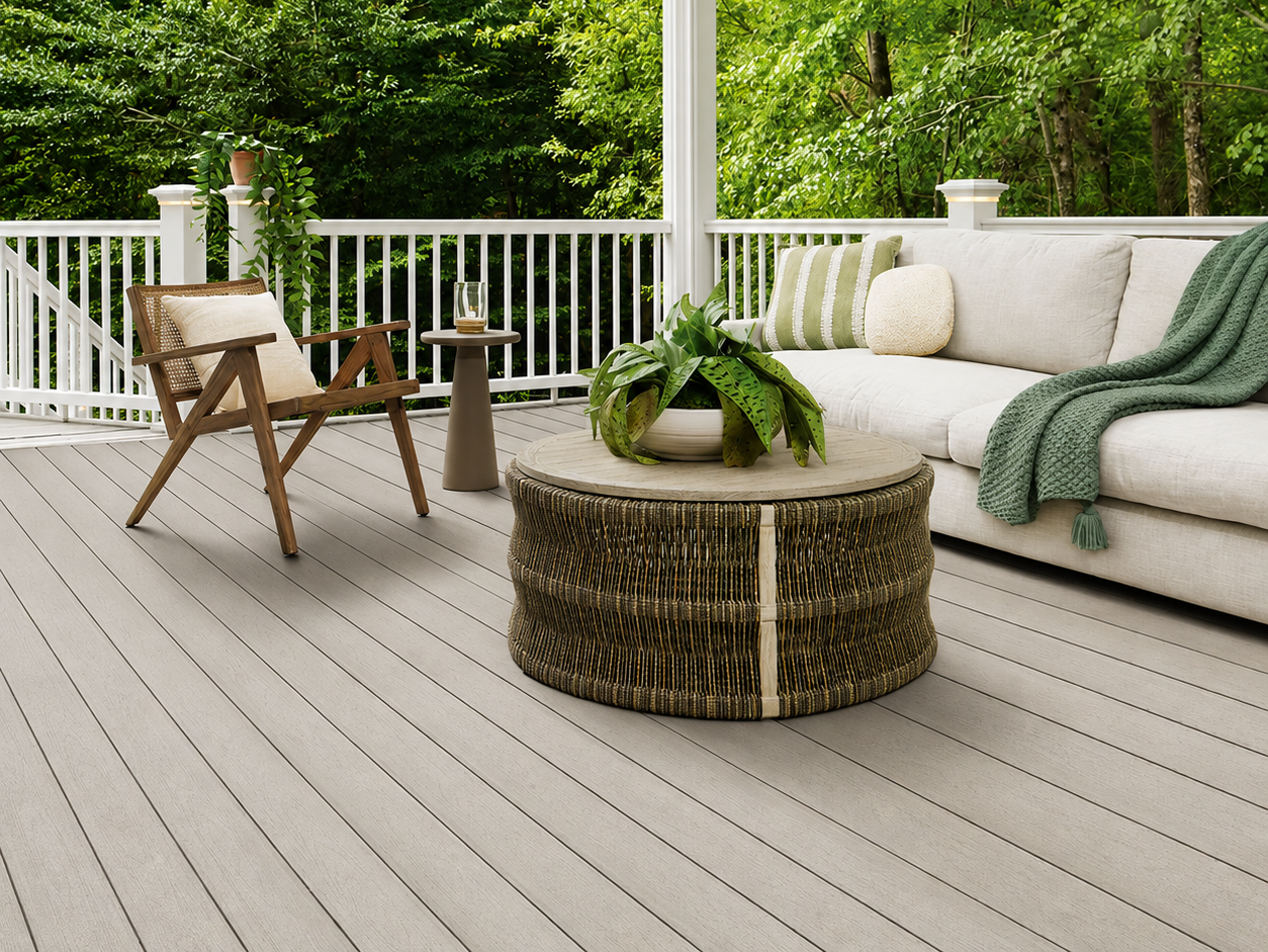 Covered composite deck with white railing and outdoor furniture surrounded by trees